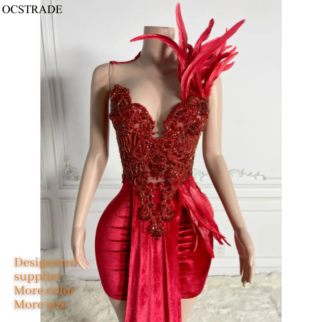 Ocstrade brillante largo pluma hombro Rhinestone tubo vestidos de graduación 2023 rojo largo dobladillo terciopelo mujeres vestido de noche vestido de baile