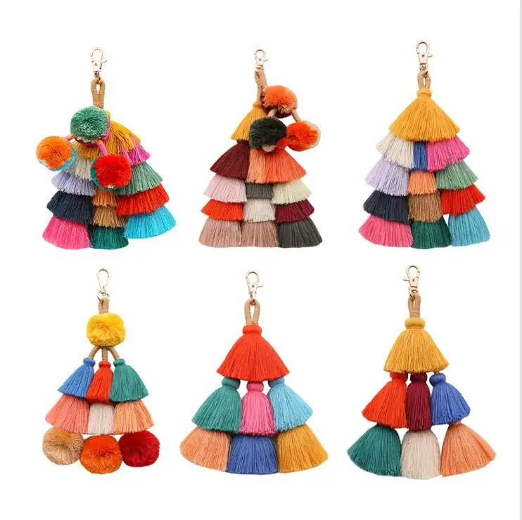 Fashion Women Boho Handmade Bag Accessories Multi Color leaf Layered Long Tassel Shell pom pom handbag charm Wood Bead key chain