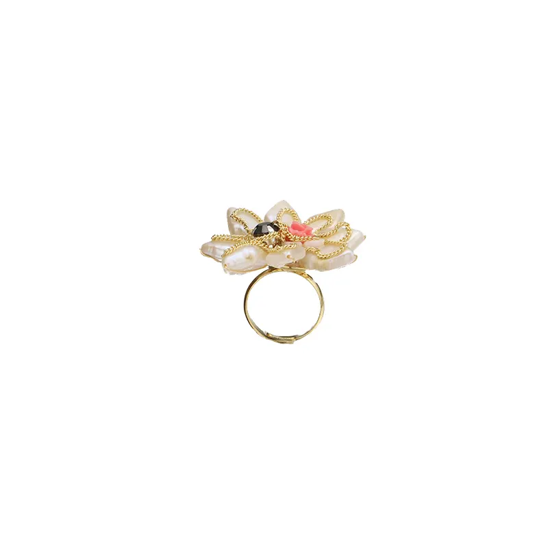 Hot Selling Geometrische Roze Shell Bloem Zirkoon Zoetwater Parel Ring Bridal Wedding Fine Jewelry Ring