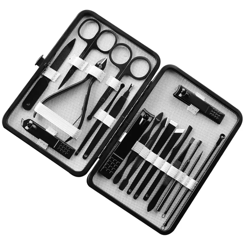 Conjunto profissional de 18 peças para manicure e pedicure, cortador de unhas em aço com estojo de viagem em couro preto para cuidados com os pés