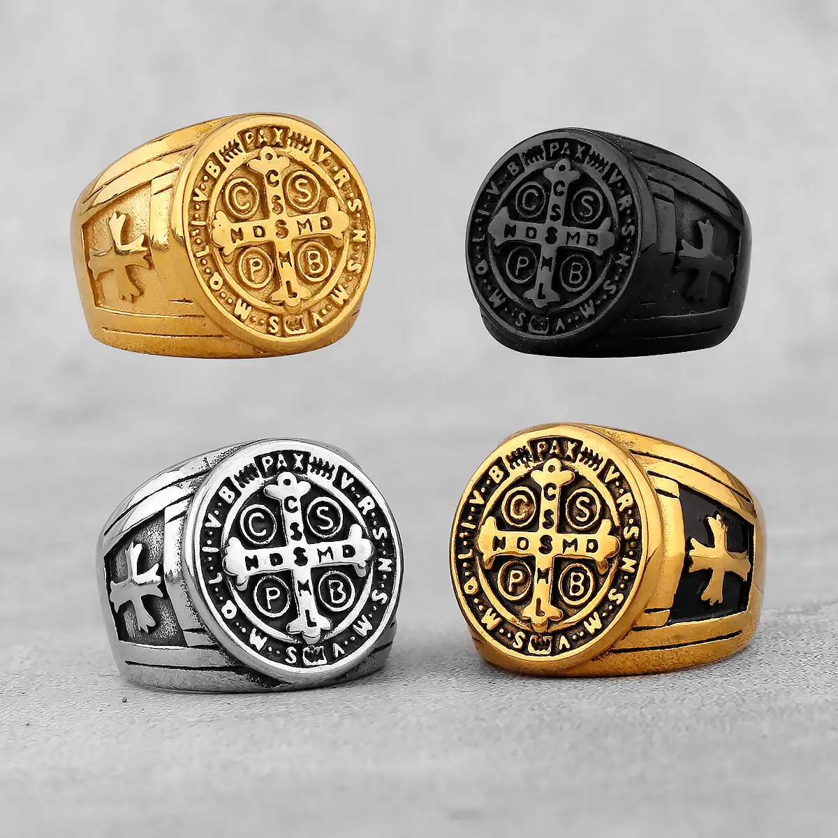 แหวนแฟชั่นสำหรับผู้ชาย,แหวนคริสเตียนลายตัวหนังสือ CSPB มีสี่สีให้เลือกเครื่องประดับแหวนสัญลักษณ์ฮิปฮอปสำหรับขี่มอเตอร์ไซค์