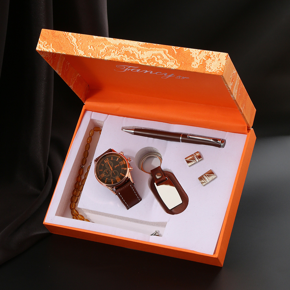 6 piece set-watch beads-pen-key chain-cufflinks-wooden gift box