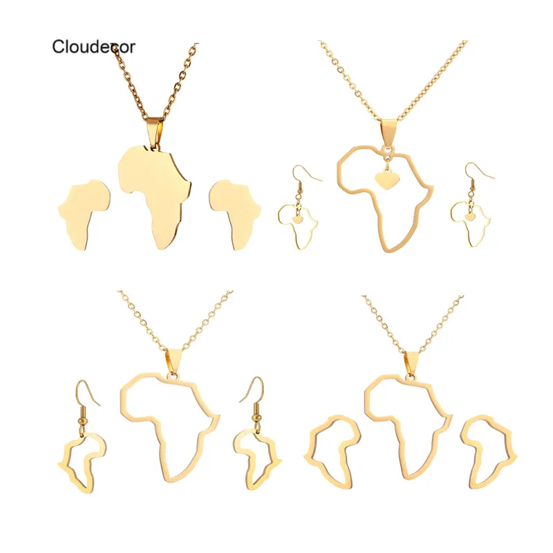 Conjunto de joias africanas de ouro, conjunto de joias para mulheres de aço inoxidável banhado a ouro 18k brincos e colar