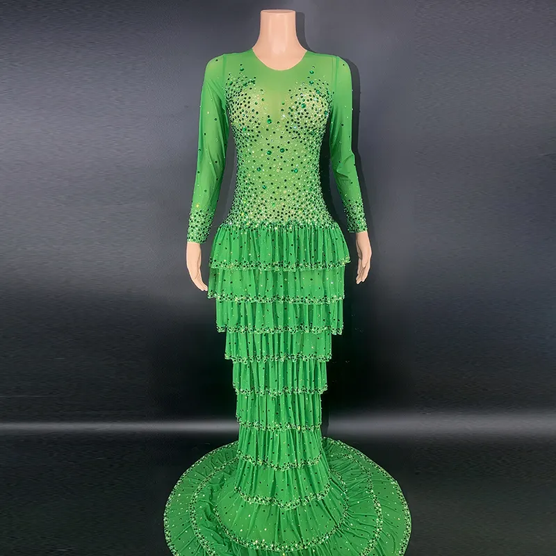 NOVANCE lüks kadın kıyafetleri scoop boyun parlak kristaller zümrüt yeşili elbise kuyruk ile zarif elmas elbise akşam parti için