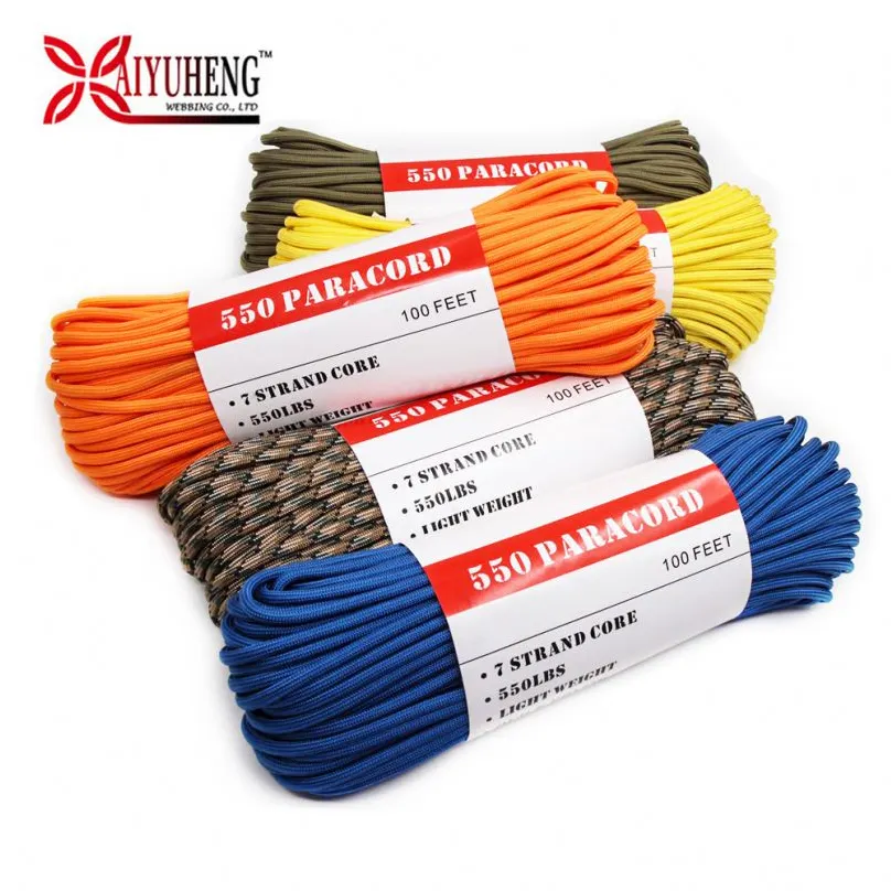 Baiyuheng 사용자 정의 브레이드 7 스트랜드 생존 Paracord 2mm 3mm 4mm 6mm 폴리 에스터 paracord 낙하산 코드 550 750 Lbs 나일론 로프