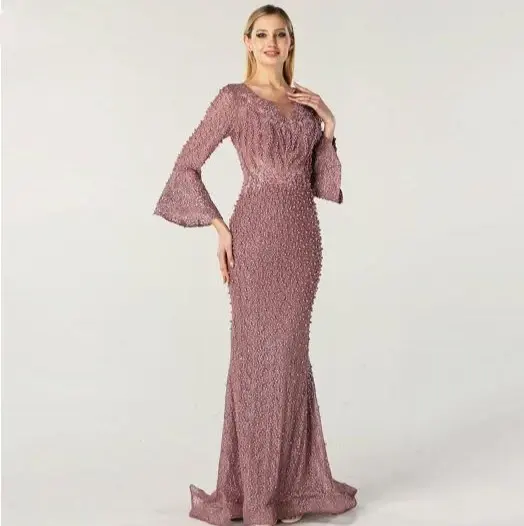 Muslim Luxury Pearls Crystal Lace Women der Evening Prom Gowns Long Sleeves Evening Dresses 2020