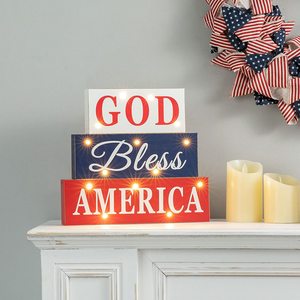 Giorno dell'indipendenza decorazione della tavola in legno americano angosciato segno di blocco dio Bless America con tecnica dipinta a LED - Product Image 5