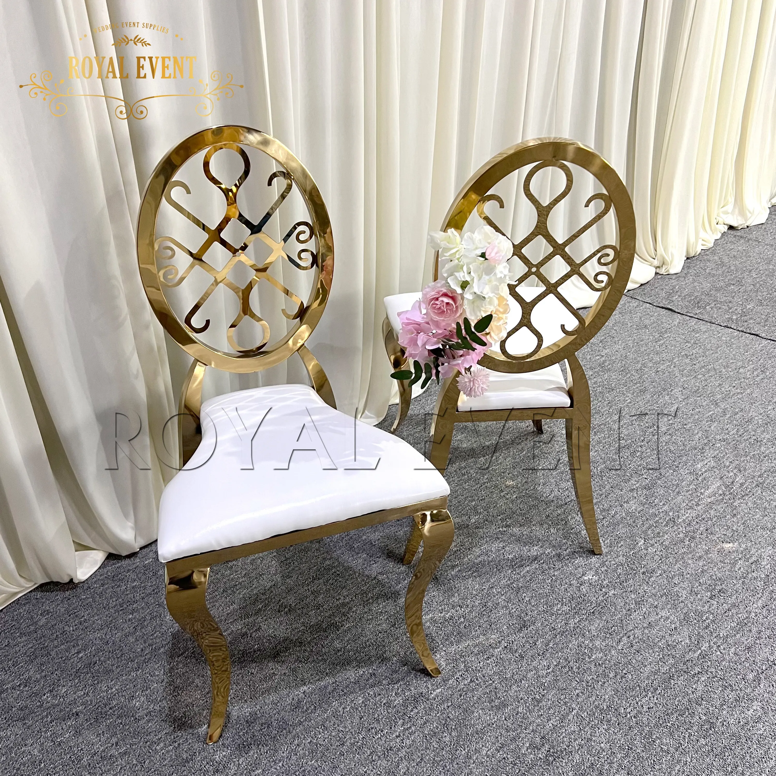 Sillas de comedor con cojín de PU de alta cantidad, silla con patrón de flores doradas, sillas de acero inoxidable para fiestas usadas
