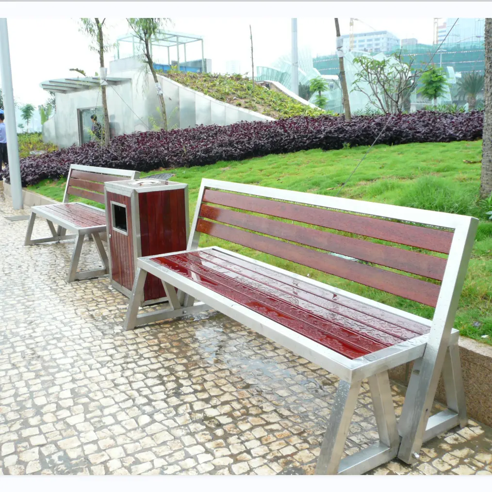 Скамейка для парка, уличная общественная скамейка из нержавеющей стали с сиденьем из массива дерева, скамейка для парка из Макао, звездного казино, гарантия 10 лет