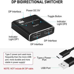 Interruptor bidireccional Displayport remoto 8K Conmutador DP de 2 puertos Conmutador DP1.4 de salida 2 en 1 para monitor de computadora Proyector TV