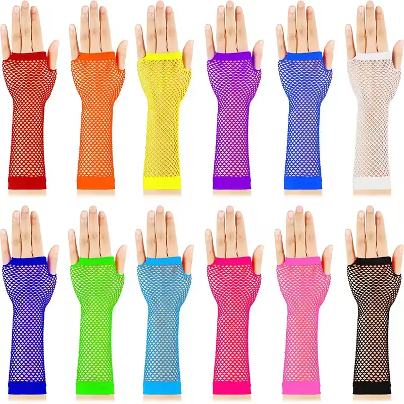 Luvas de malha sem dedos para mulheres e meninas, acessórios de fantasia de festa de anos 80, com mangas de neon vibrantes para braços de rede de pesca