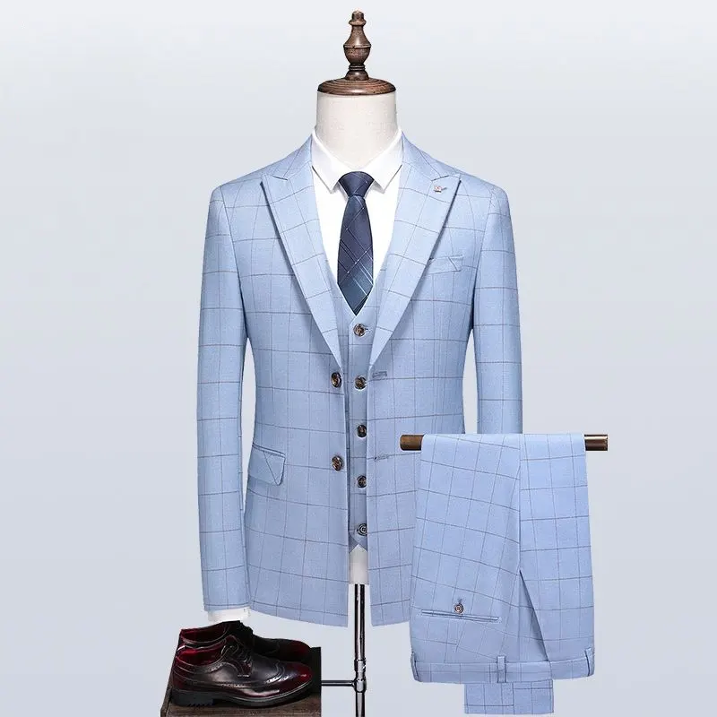 Traje Formal de lujo de 3 piezas para hombre, a la moda traje de boda, Delgado, informal, de oficina, azul claro, a cuadros, estilo coreano, de negocios