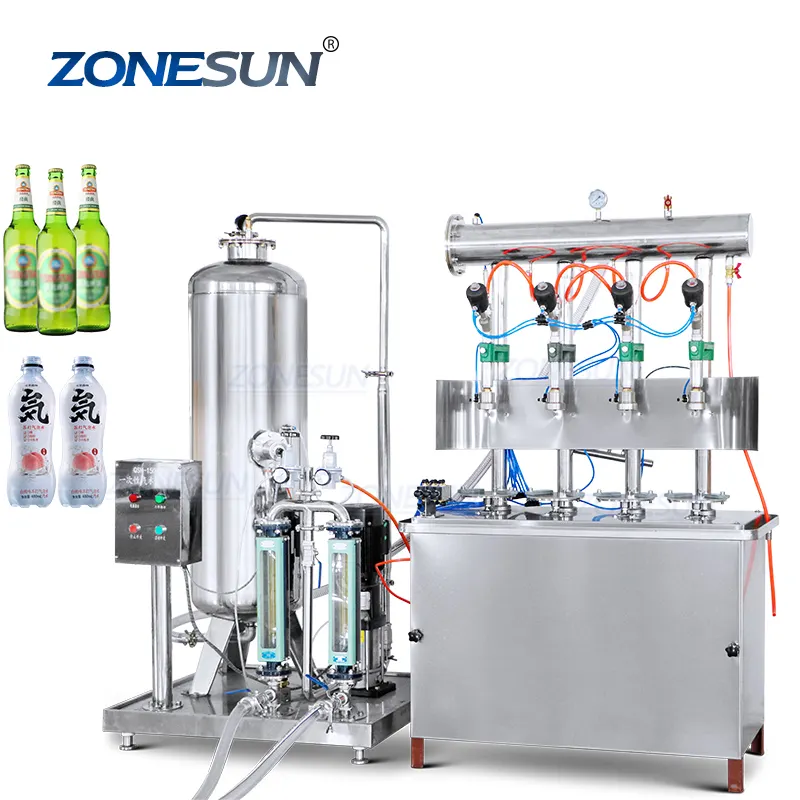 ZONESUN ZS-CF4 반자동 4 헤드 소다 탄산수 CO2 탄산 음료 음료 병 액체 충전 기계