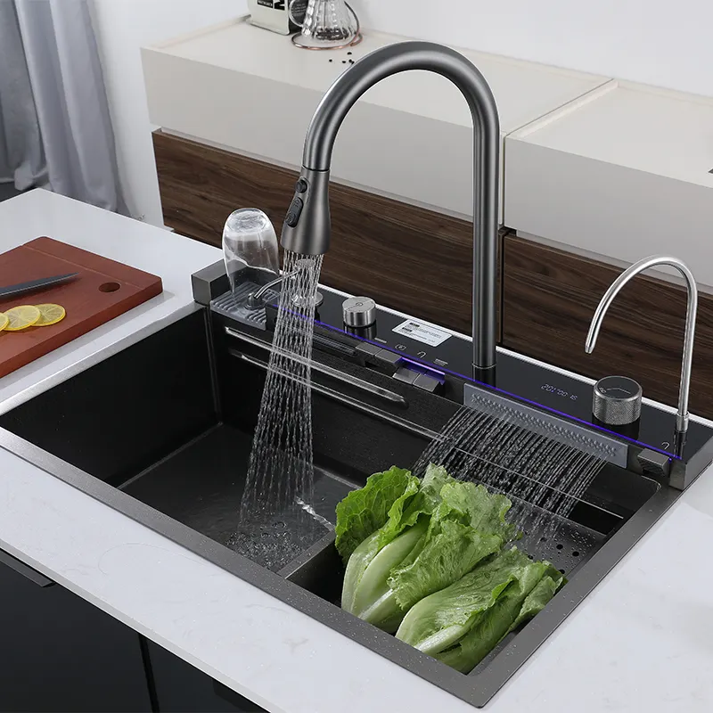 2023 New trend Tiktok lavello da cucina intelligente con chiave per pianoforte digitale a cascata lavelli da cucina multifunzionali in acciaio inossidabile 304