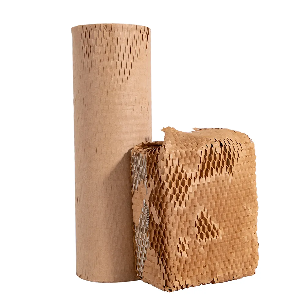 Rollo de papel de regalo de embalaje perforado marrón reciclado biodegradable de Venta caliente rollo de papel Kraft de nido de abeja
