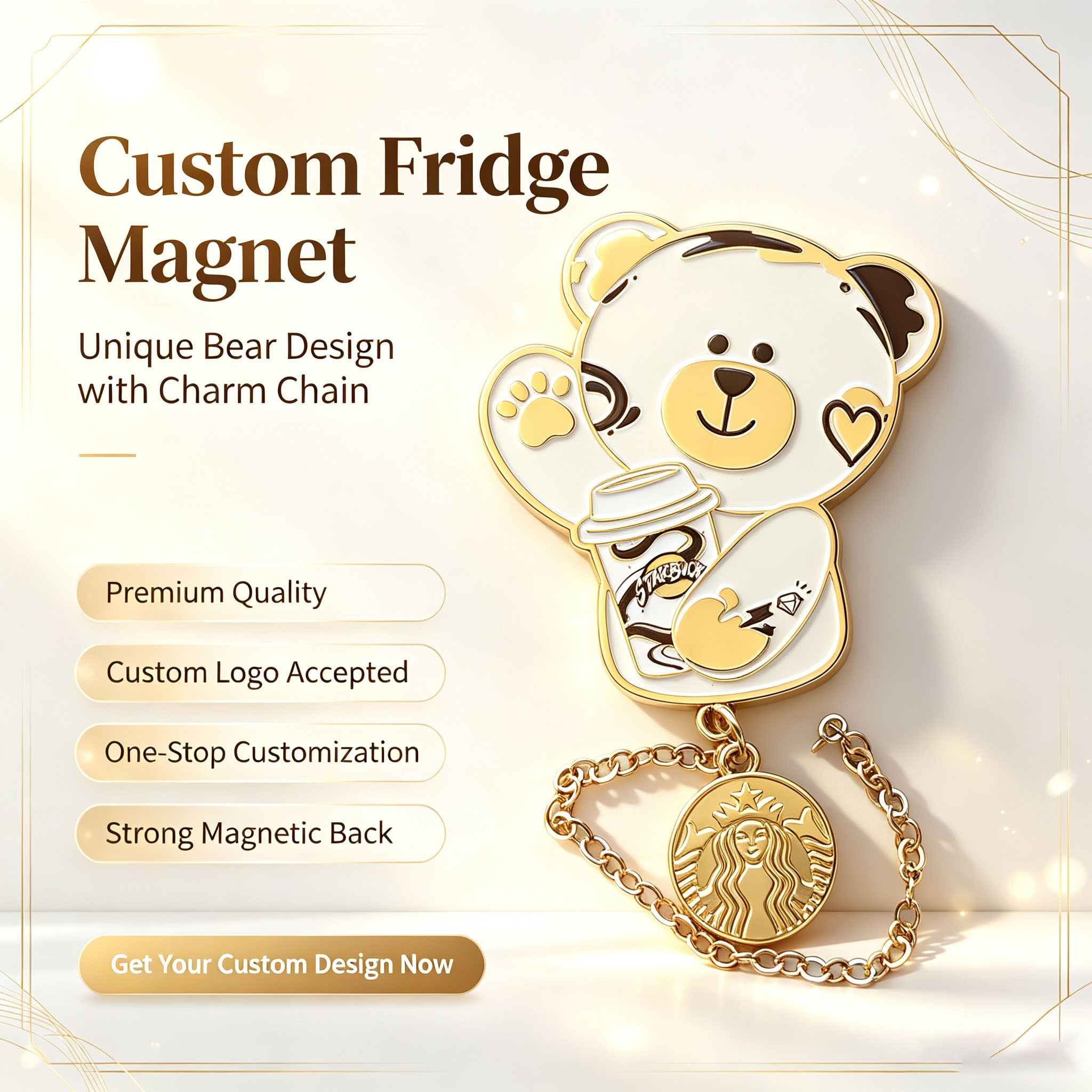 Imán de nevera de oso esmaltado personalizado con cadena de metal