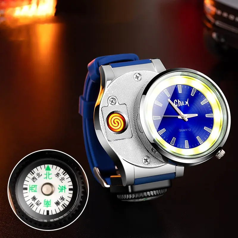 Encendedor de reloj multifuncional creativo al por mayor con brújula luz COB reloj cortavientos encendedor de cigarrillos regalo