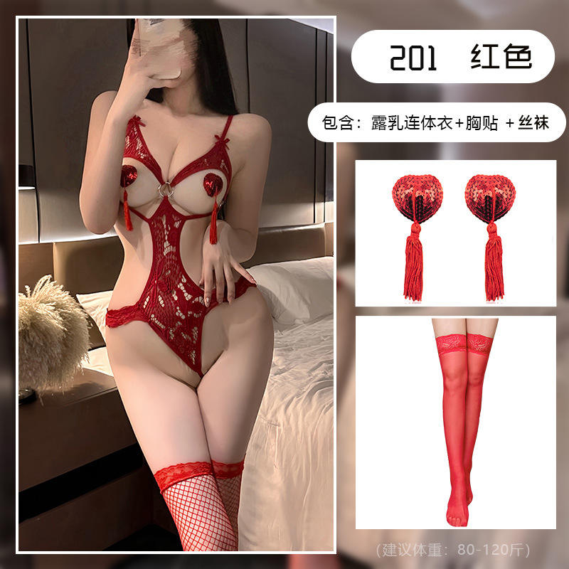 สีแดง + ถุงน่องสีแดง + ที่ปิดหัวนม