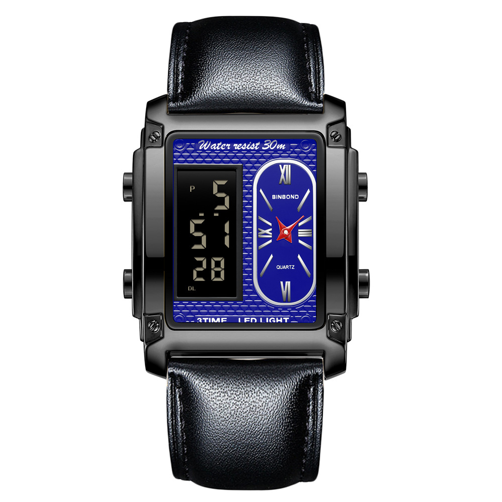 Cuir noir - Acier noir - Cadran bleu