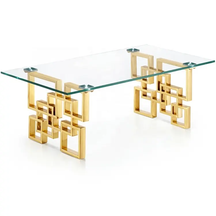 Tabela de café quadrada de vidro transparente, para sala de estar, mesa de coquetel moderna com moldura de ouro inoxidável, resistente e estilizada, venda imperdível