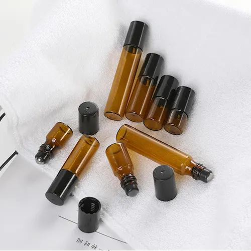 Botol Kosmetik Tabung Kaca Amber Mini, Parfum Minyak Esensial dengan Bola Rol 5Ml 10Ml 15Ml