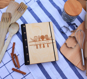Custom Recipe Journal Wooden Cover Book Leather <strong>Cookbook</strong> Recipe <strong>Notebook</strong> for Mom - Product Image 4