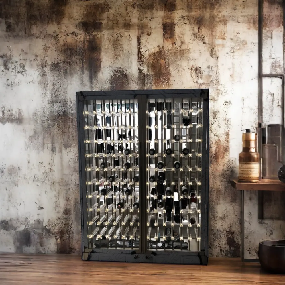 Casier à vin en métal acrylique de style campagnard rétro en armoire à vin en acier inoxydable pour la personnalisation des produits de pièces de cave à vin en métal