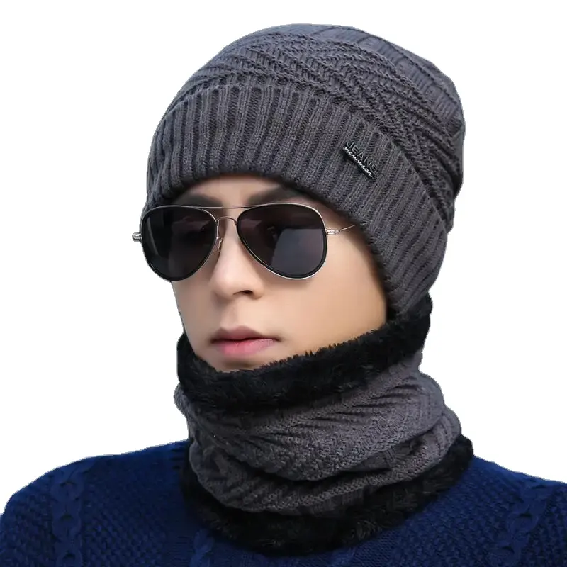 Inverno Grosso Velo Forrado Lenço Set Beanie Chapéus Chapéus Chapéu De Malha Quente Crânio Cap Pescoço Com Orelha Muff para adultos crianças