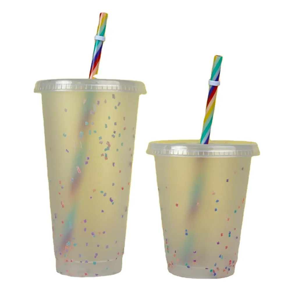 24oz 16oz Confetti Color Changing Cup com tampa e palha do arco-íris para café gelado copo plástico reutilizável