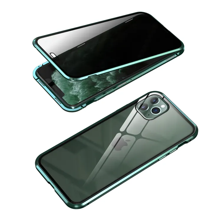 2019 नई गोपनीयता धातु चुंबकीय टेम्पर्ड ग्लास फोन के मामले में Iphone के लिए 11 प्रो मैक्स चुंबक विरोधी झलक 360 सुरक्षा कवर