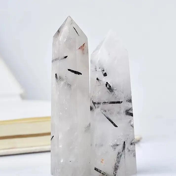 Wholesale Crystals DIY Healing Stones Natural Black Tourmaline Rutilated Quartz Wand Point Tower for decoration