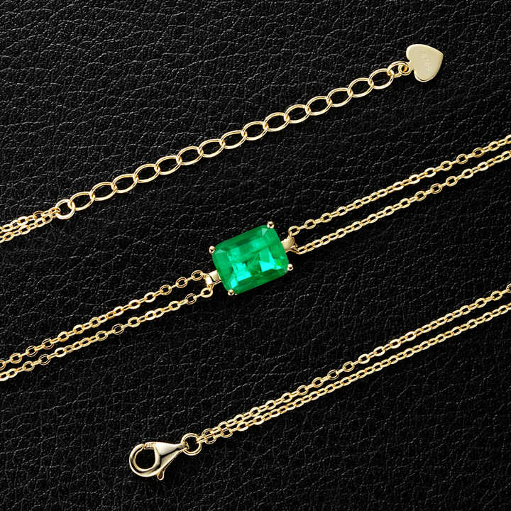 Temperament Jewelry 925 Sterling Silver Double Chain Bracelets 7x9mm Rectangle Artificial Emerald Bracelet for Women