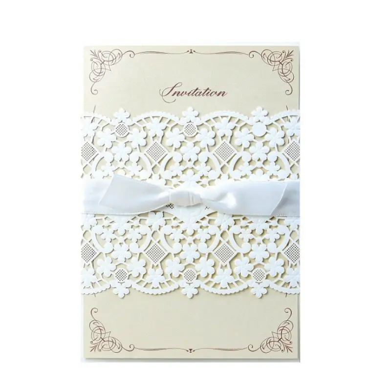 Simple Flower Laser Cut Card Invitation Wedding Card for Guests With Ribbon