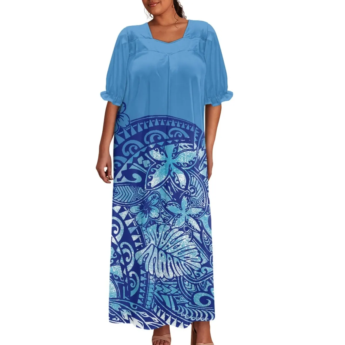 Vente directe d'usine robe hawaïenne de haute qualité Mumu femmes grandes personnes personnalisé sur demande à manches courtes en mousseline de soie robe insulaire