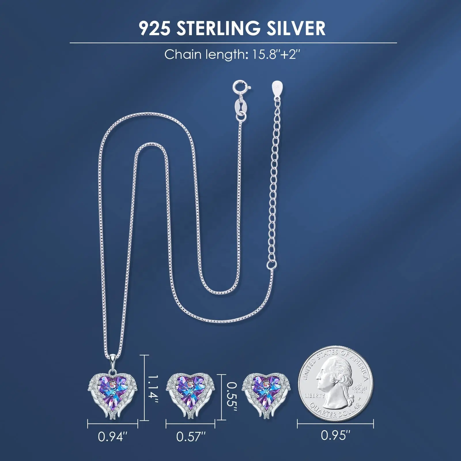 Gioielli raffinati 925 in argento Sterling pesca cuore di cristallo diamante ali d'angelo amore collana e orecchini set