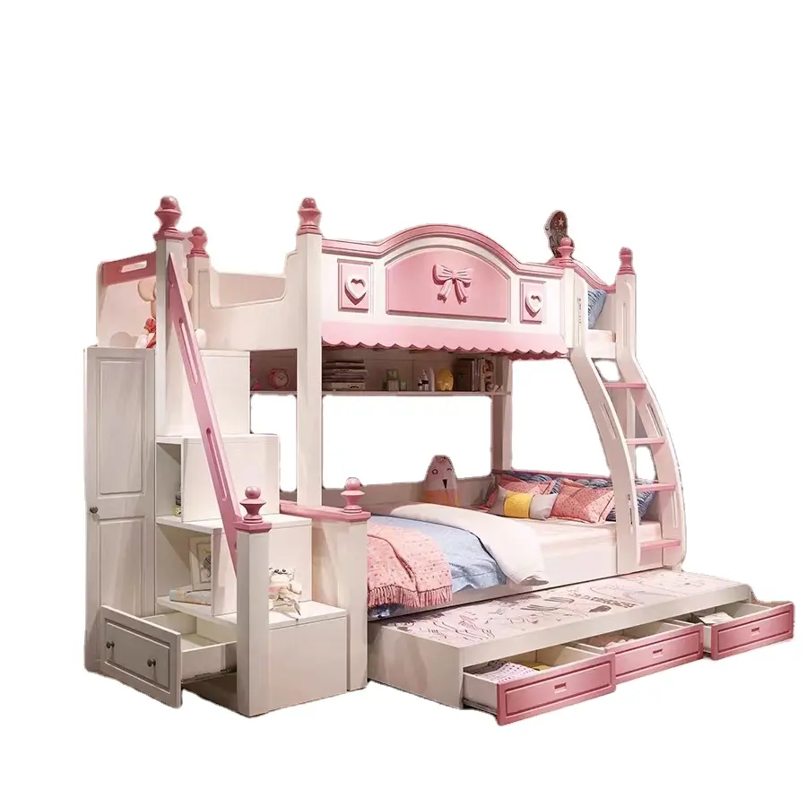 Rincess Castle-litera con tobogán para niños y niñas, juego de cama con muebles, litera rosa