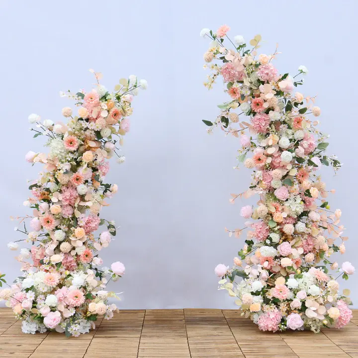 Acara Pernikahan Latar Belakang Dekorasi Gerbang Bulan Bunga Baris Bunga Buatan Emas Logam Berdiri Tengah Lengkungan Bunga untuk Pernikahan