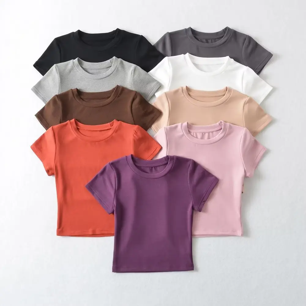 नवीनतम डिज़ाइन क्रॉप टॉप क्रूनेक महिलाओं के लिए क्रॉप्ड टॉप स्लिम फिट सॉलिड कलर 100% कॉटन बेबी टी y2k शर्ट