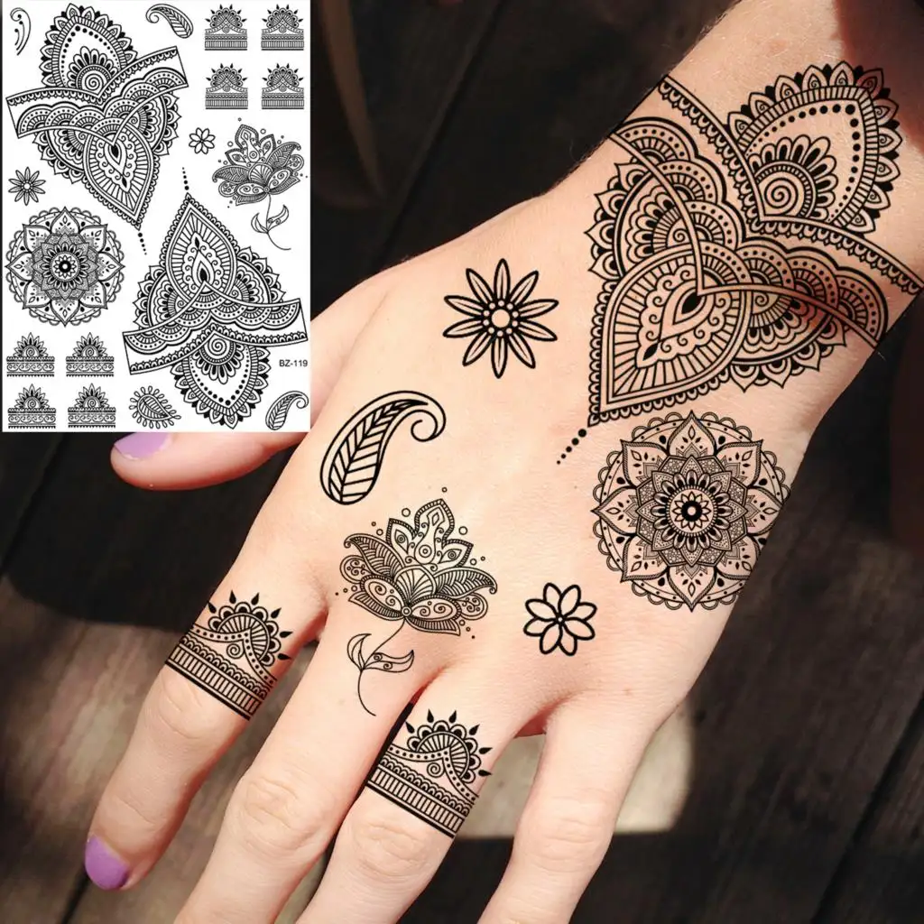 Tatuaggi temporanei geometrici Hena indiani per donne adulti fiore di pizzo all'henné realistico autoadesivo del tatuaggio finto braccio della gamba Tatoo bohémien