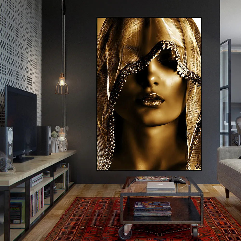 Pintura al óleo de maquillaje para mujer, póster abstracto de oro para decoración de pared, imágenes
