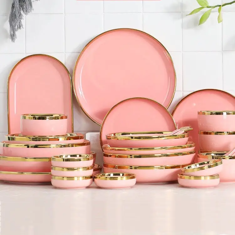 Gold rim design ceramic dinnerware set 7 inch 7.5 inch 8 inch 9 inch 10 inch pink plate elegant porcelain dinner sets