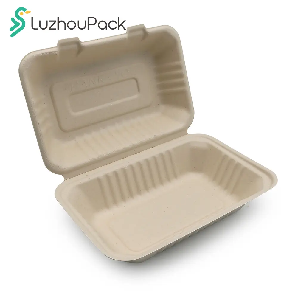 LuzhouPack 900ml 9 pulgadas microondas seguro a prueba de fugas Eco Bagasse Biodegradable desechable Catering Box para el almuerzo