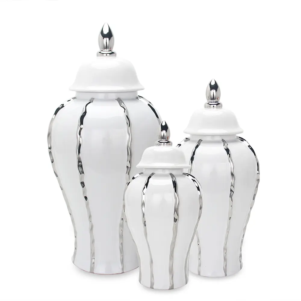 Pote de gengibre tamanho grande branco, com detalhes prateados vaso de cerâmica branco decorativo frascos para decoração de casa casamentos