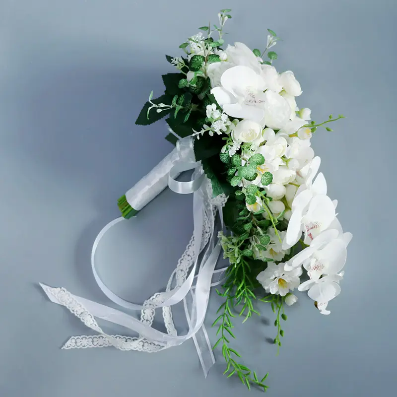 Factory Customize Wedding Bouquet for Bride White Artificial Rose and Orchid Elegant Hand Wedding Flowers Bouquet