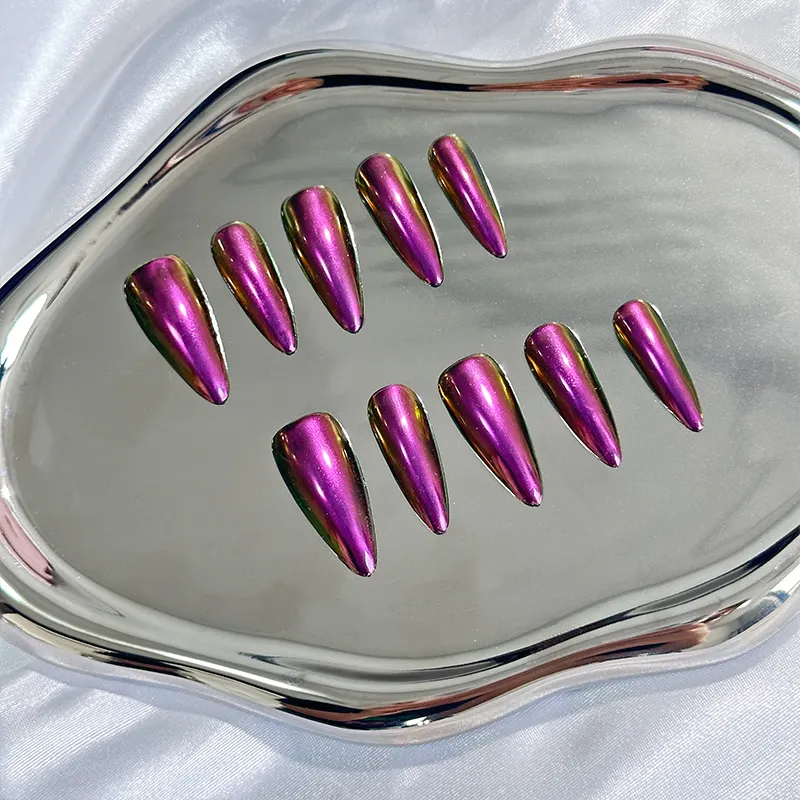 Presse à ongles faite à la main Long miroir en métal amande caméléon violet brillant couverture complète ArtificialNail Art