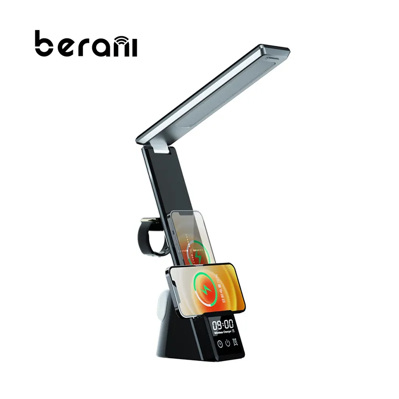 Berani N61 LED lampada da scrivania orologio e sveglia 15W caricatore Wireless nuovo Design 3-in-1 pieghevole adattatore universale per cellulare