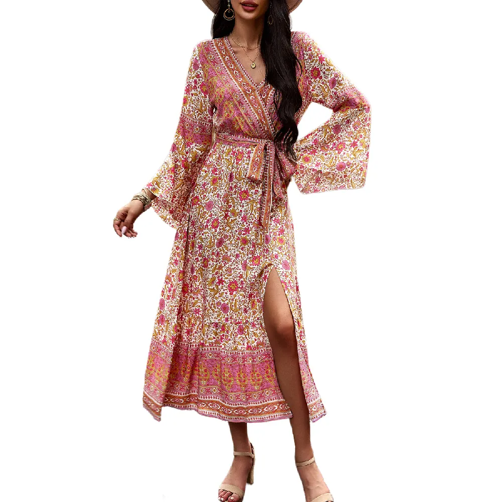 High Quality Bohemia Print Tie Waist Flared Sleeve Pink Floral Maxi Dress Women