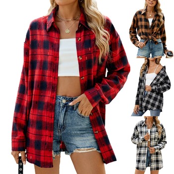 T4763 Autumn and winter new vintage hook flower long sleeve loose lapel plaid shirt woman