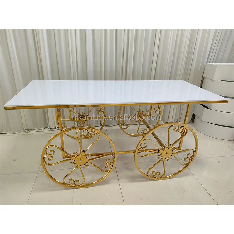 Carrinho de doces para casamento, carrinho de aço inoxidável com roda dourada, carrinho de carrinho branco para exibição de festas, novo design