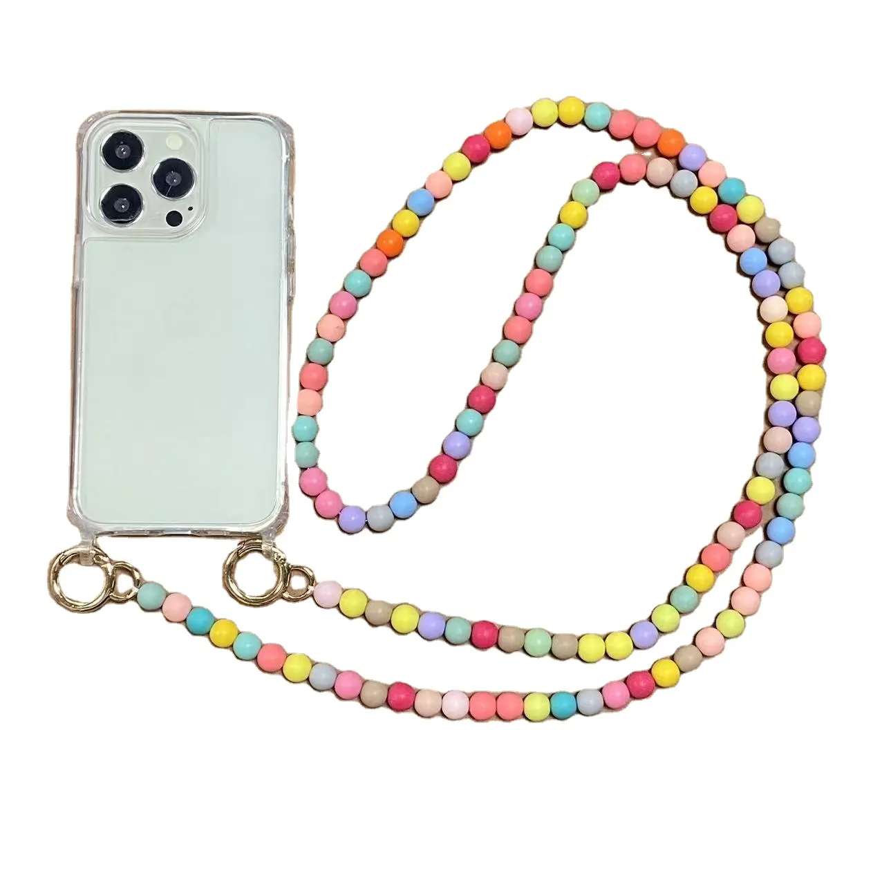 Couverture de téléphone transparente livraison gratuite couverture arrière téléphone portable perle perles chaîne sangle étui pour iPhone 11 13 14 Pro Max